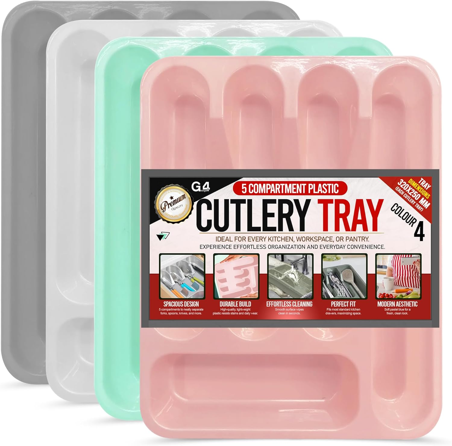 G4GADGET 5 Compartment Cutlery Tray Drawer Organiser, Random Colour, Durable Plastic, Non-Slip Utensil Holder for Kitchen Organisation image number 2