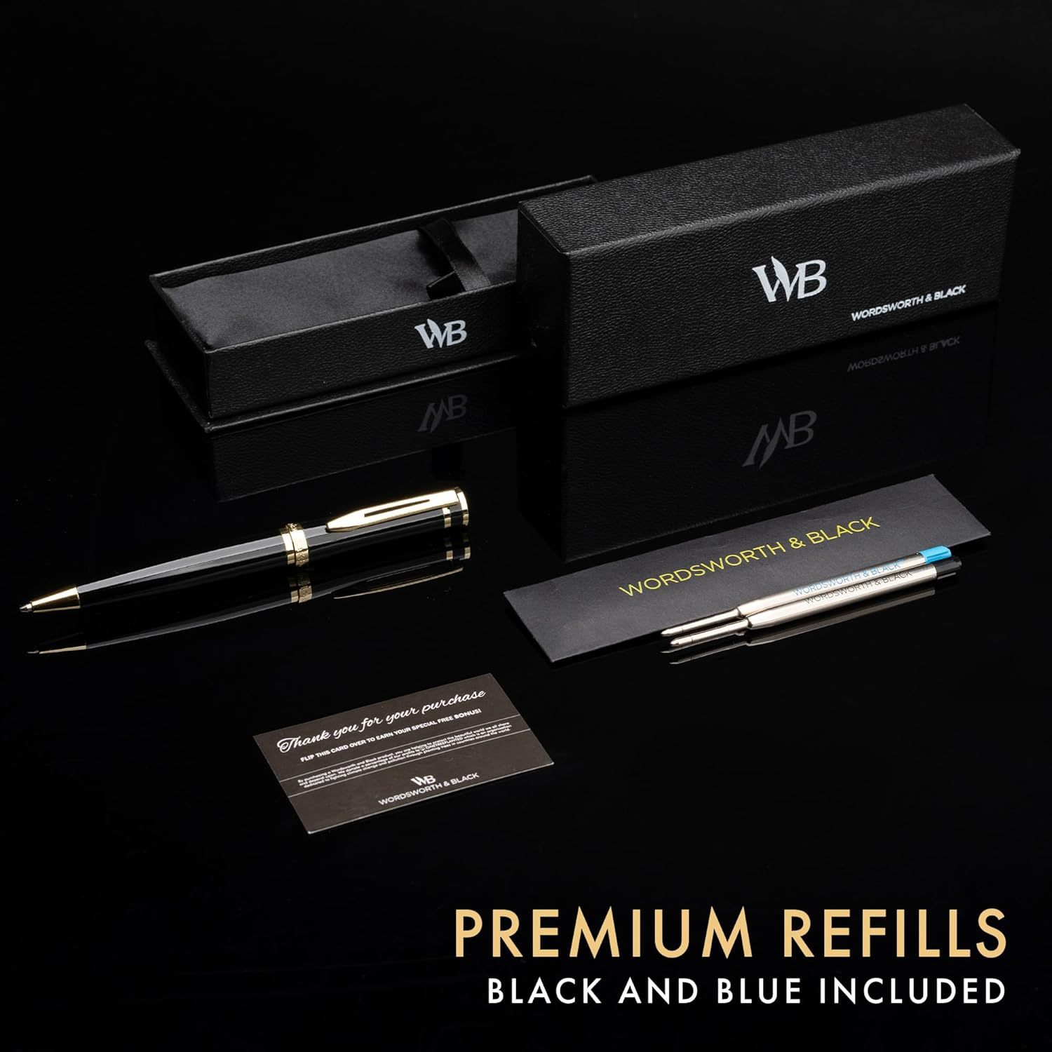 Wordsworth and Black Luxury Ballpoint Pen Set - Black Lacquer 24K Gold Finish, Refillable Fine Point, Elegant Men & Women, Includes Ink Refill, Nice Pens for Work