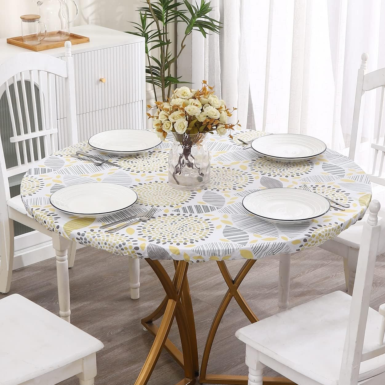 Walrus round Vinyl Fitted Tablecloth with Flannel Backing Elastic Edge Design Table Cover Waterproof Oil-Proof Wipeable PVC Table Cloth (Floral, Large round Fits Table up 45/ -56/ Diameter) image number 2