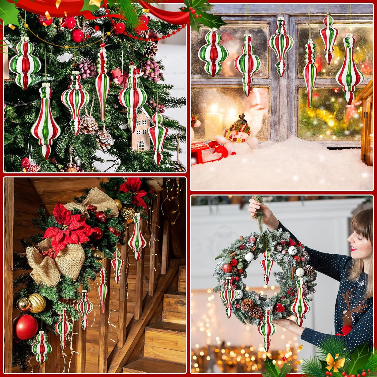 Soaoo 6 Pcs 6.3 Inch Mercury Glass Finial Christmas Ornaments Hanging Christmas Finials Glass Ornaments Assorted Mercury Decor for Xmas Tree Vintage Holiday Decoration(Red, Green,Novel) image number 3