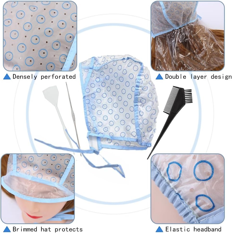 TRKETK Set of 14 Highlight Caps, Hair Dye Accessories Set, Adjustable Highlight Hair Cap, Highlight Cap, Hair Dye Caps with Colouring Brush for Crocheting, Hair Dyeing Accessories for Home, Salon, image number 2