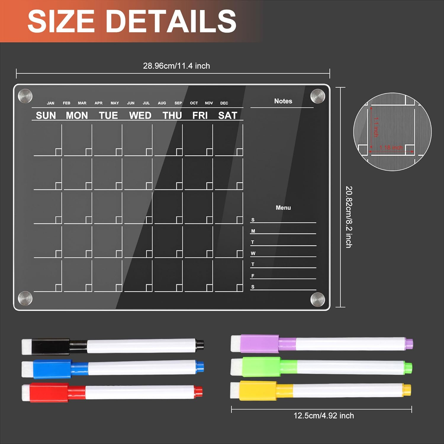 TECDW 1-Pack Magnetic Fridge Calendar 30X24Cm,Acrylic Calendar Monthly Planner with 6 Wet Erase Markers,Magnetic Fridge Planner for Home,Office,Kitchen image number 6