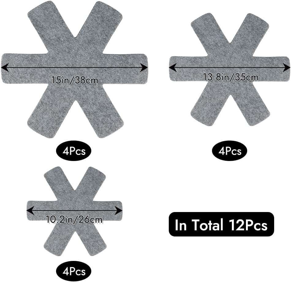 Pot and Pan Protectors, Set of 12 and 3 Different Size, Pot Dividers Pads/Stacking Pan Protectors/Pan Separators Pads for Protecting and Separating Pots and Pans