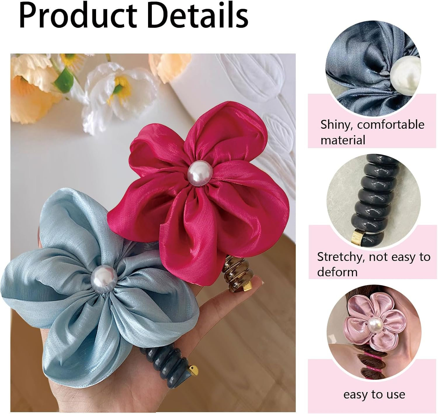 Colorful Phone Wire Hair Bands Flower Beads Spiral Hair Ties Ponytail Holder No Damage Phone Cord Hair Ties Bobbins for Women and Girls Thin Thick Accessories 5 Pack