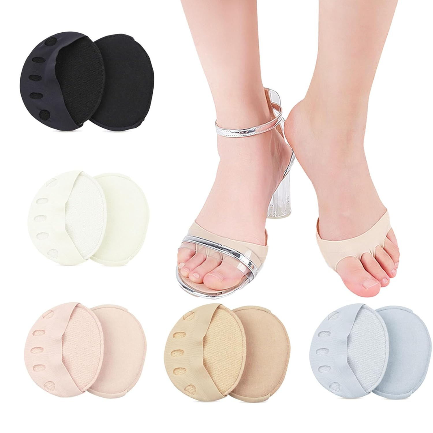 Ball of Foot Cushions for Women and Men, 5 Pairs Metatarsal Pads for Women, Reusable Invisible Socks Forefoot Pads, Ball of Foot Metatarsal Pain Relief Pad for Working, Running, Dancing (Multicolor-5, One Size)