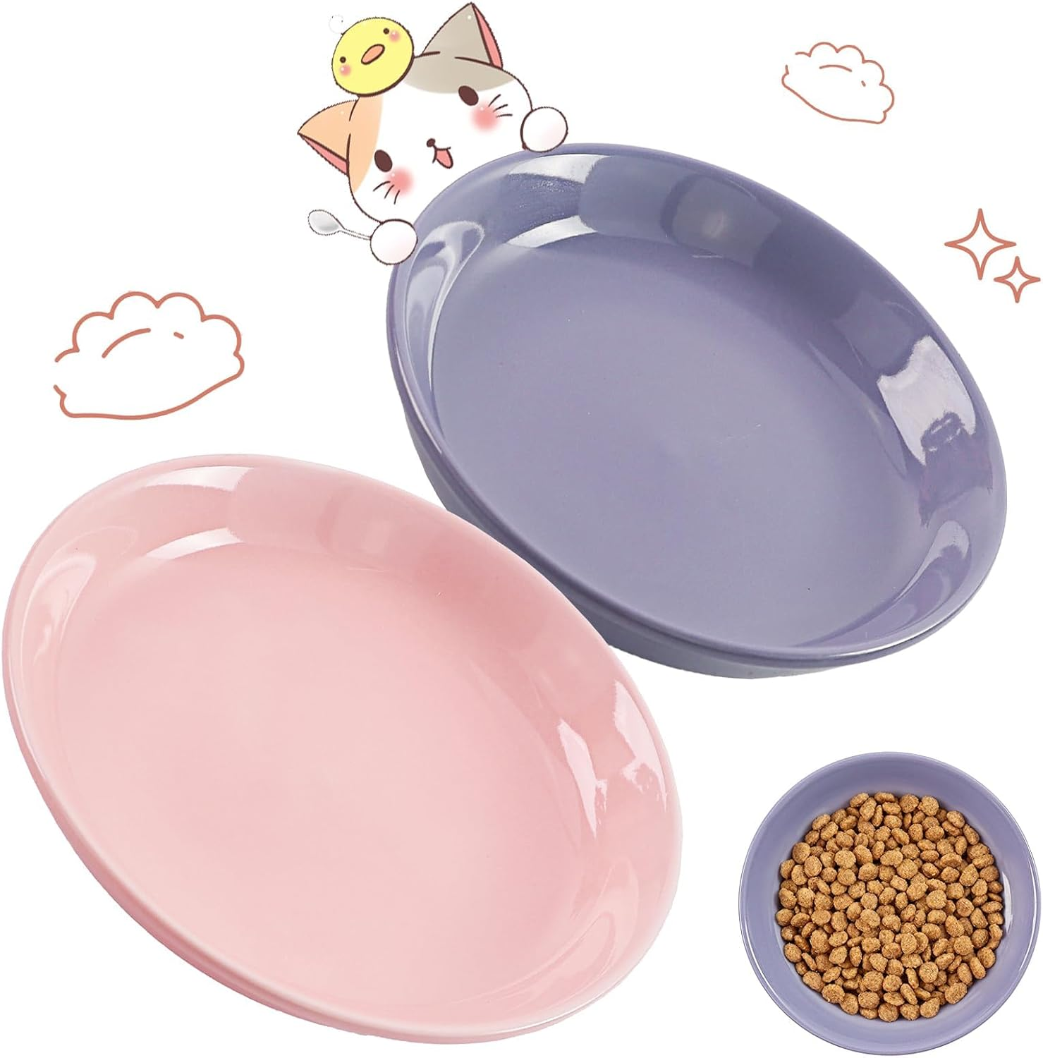 Cat Bowl Ceramic Set, 2 Pieces Flat Feeding Bowl for Cats and Kittens, Anti-Whisker Fatigue Cat Bowl to Protect Whiskers, Hygienic Cat Plate for Food and Water (15 X 3 Cm) image number 1