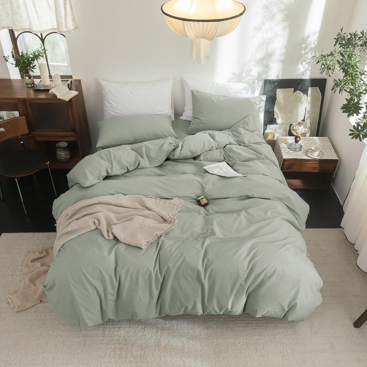 FOSSA Duvet Cover Set 100% Washed Cotton Linen Feel Super Soft Breathable Cozy 3 Pieces Bedding Sets Solid Sage Green Queen