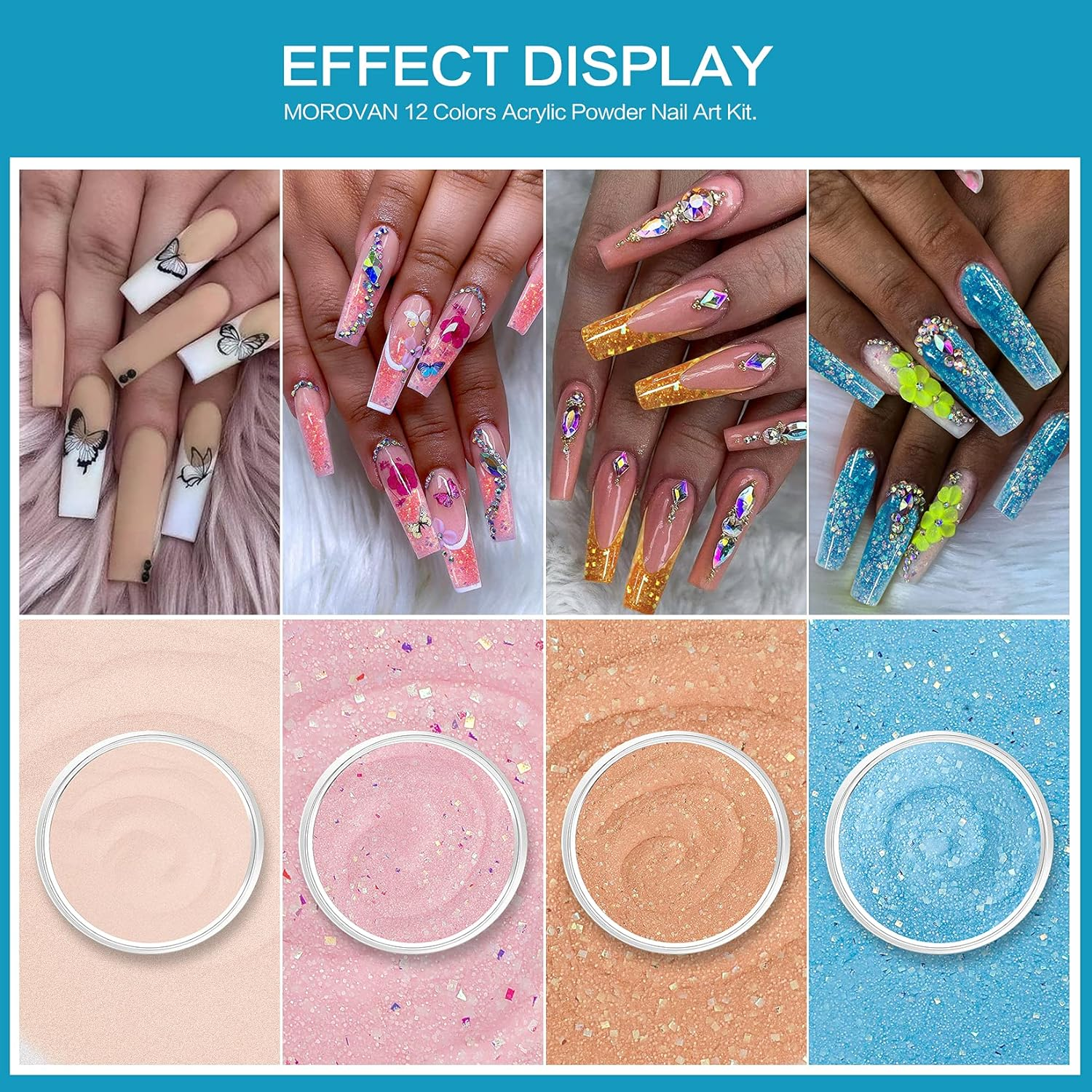 Morovan Acrylic Powder Set 12 Colors Gift Nail Art Powder Beginner DIY Professional Polymer Powder for Acrylic Nails Extension Odor-Free Bubble-Free No Nail Lamp Needed (Elegant Senior) image number 1