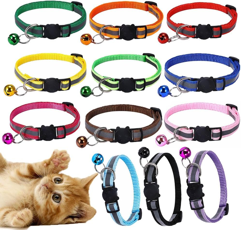 12 Pcs Breakaway Cat Collar with Reflective Nylon Strip and Bell, Quick Release Cat Collar Colorful Kitten Collars Safety Buckle with Bell, Ideal for Girl Cats Male Cats Kittens Puppies(Multi-Colour) image number 3