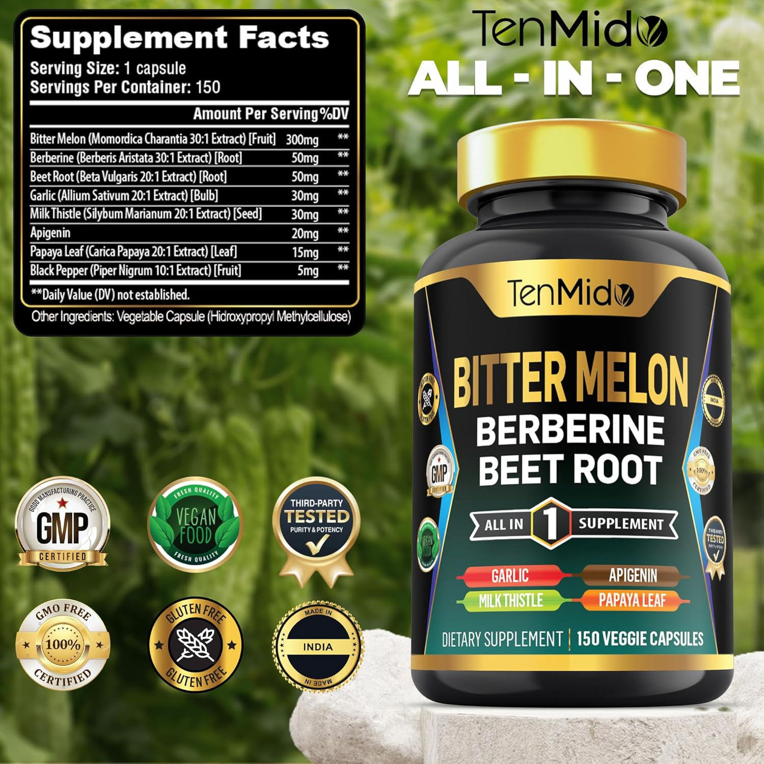 Bitter Melon Supplement - 8In1 Formula - Combine with Berberine, Beet Root, Garlic, Milk Thistle, Apigenin, Papaya Leaf, and Black Pepper - 150 Vegan Capsules for 5 Months Supply image number 4