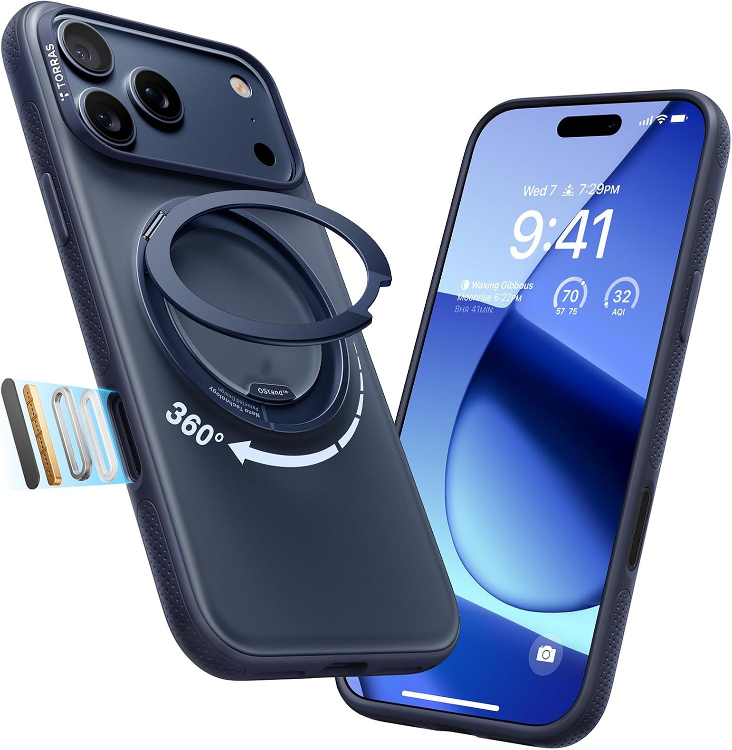 TORRAS 360 Rotatable Stand for Iphone 17 Pro Max Case, Compatible with Magnetic, Mil-Grade Protection, Slim Ergonomic Grip, Camera Control, Ostand O3 Fitness 6.9'', Deep Blue image number 5