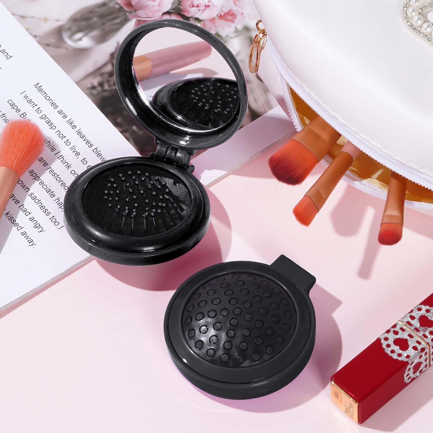 2Pcs Folding Travel Mirror Hair Brushes round Mirror Pocket Hair Brush Portable Mini Pop up Hair Brushes for Women Girls Wet and Dry Hair (Black) - Black image number 2