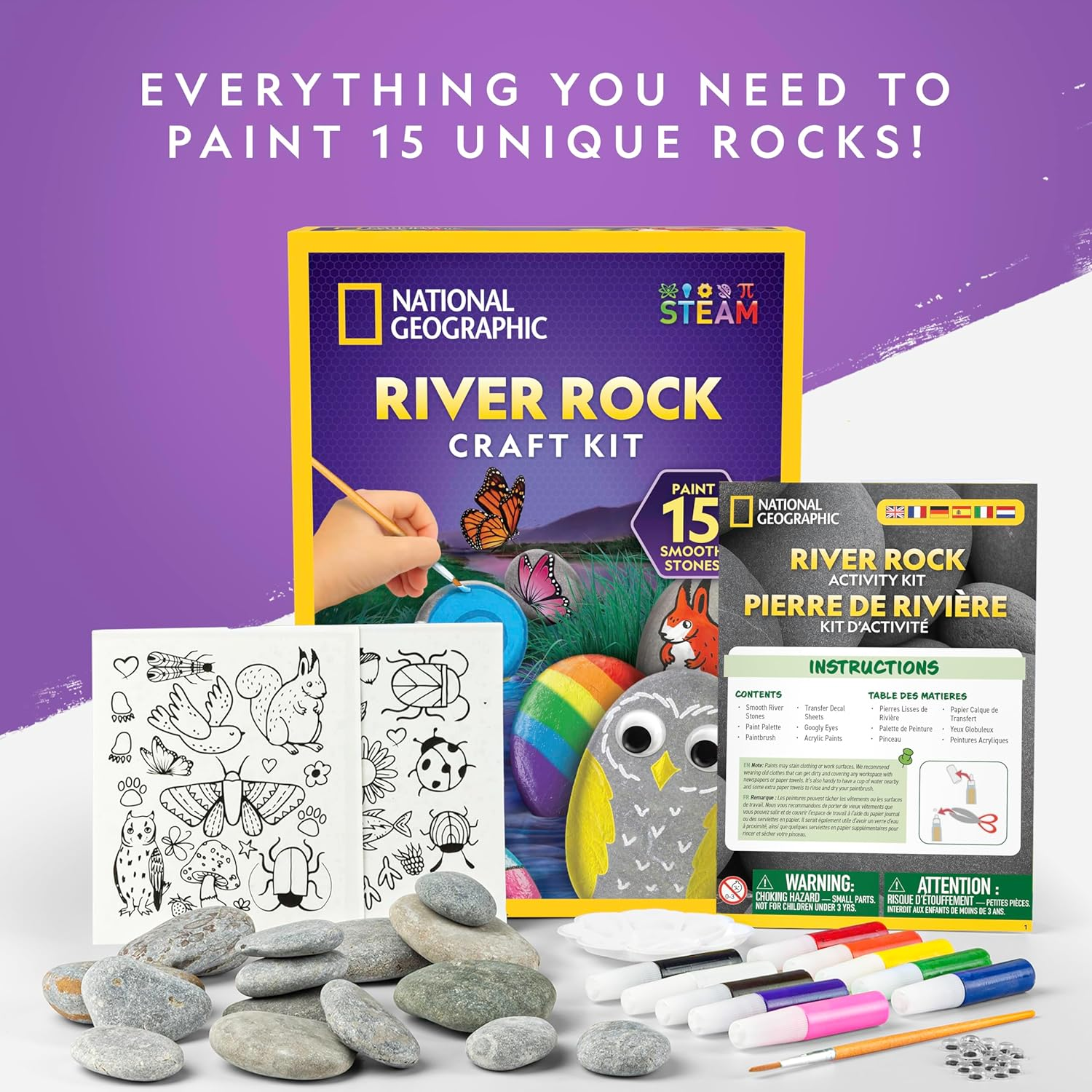 National Geographic Rock Painting Set &ndash; Arts & Crafts for Kids, Decorate 15 Rocks with 10 Paint Colors, Includes Art Supplies, Creative Activity Kit image number 5