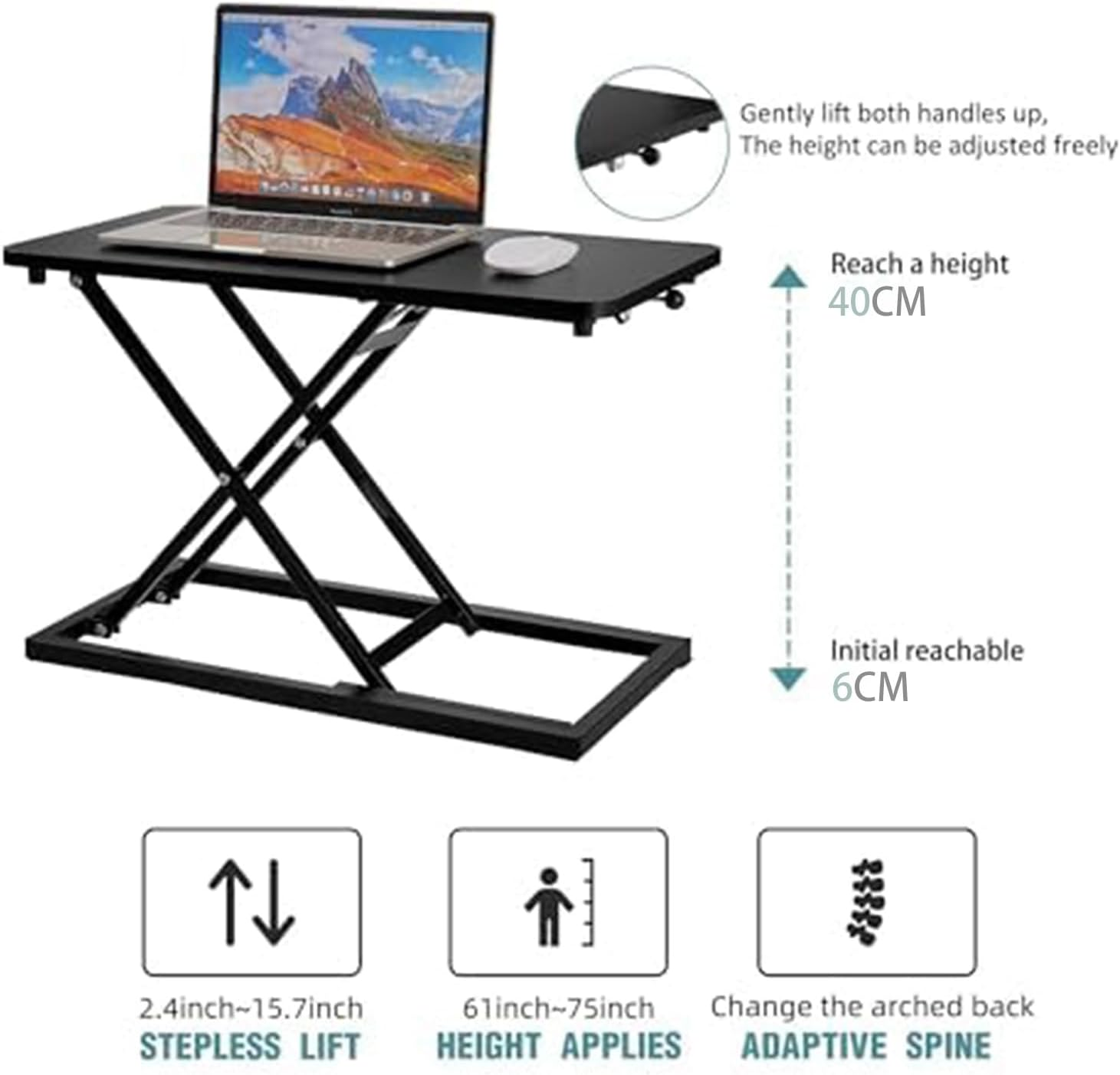 Cozioz Adjustable Height Standing Desk Converter, Matte Black Finish, Transform Your Desk into a Standing Workstation for Laptop and Single Monitor, Ideal for Office Use image number 4