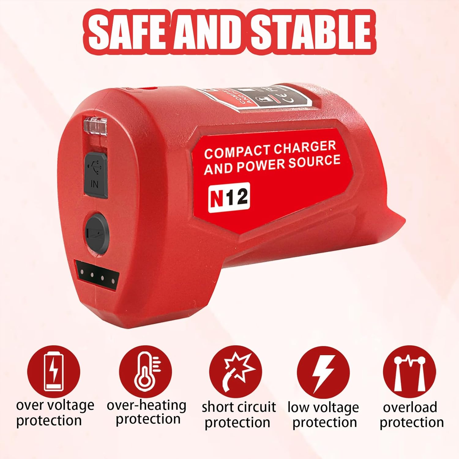 M-12 Battery Charger with Type-C Port & DC 12V Outlet，Power Source Replacement for Milwaukee M12 12V Battery Adapter for Milwaukee Heated Jacket 49-24-2310 Compatible with 48-11-2420 48-11-2411 image number 4