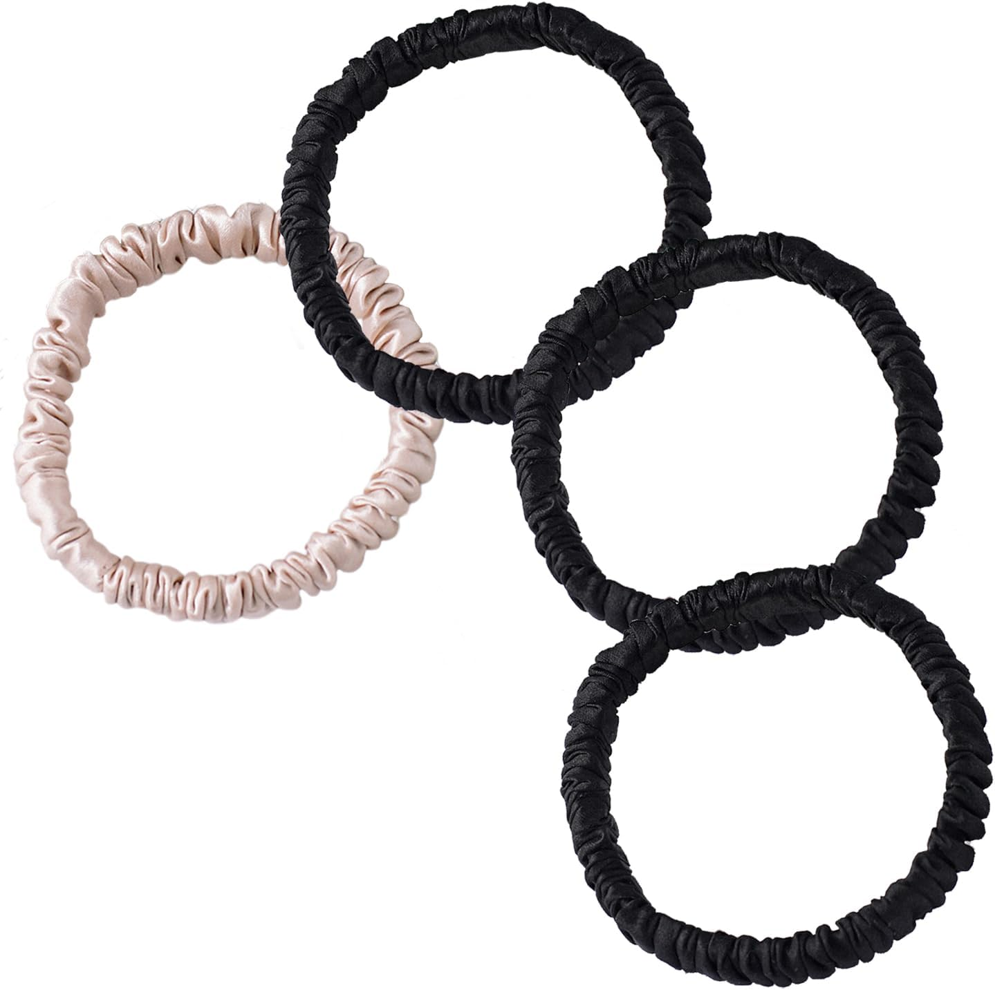 Silk Scrunchie, 100% Pure Mulberry Silk Scrunchie Small Slim Hair Tie for Women Silk Scrunchies for Thin Thick Curly Hair Luxurious Elastic Scrunchies Set (4 Scrunchies, 2Black+1Coffee+1Beige)