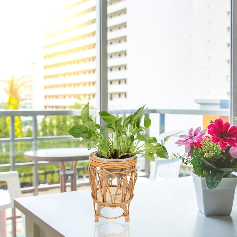 Handwoven Rattan Plant Stand, Boho Indoor Flower Pot Holder Basket, Wooden Floorstanding Planter Rack for Living Room, Balcony, Patio, Home Gardening & Decorative Displays image number 6