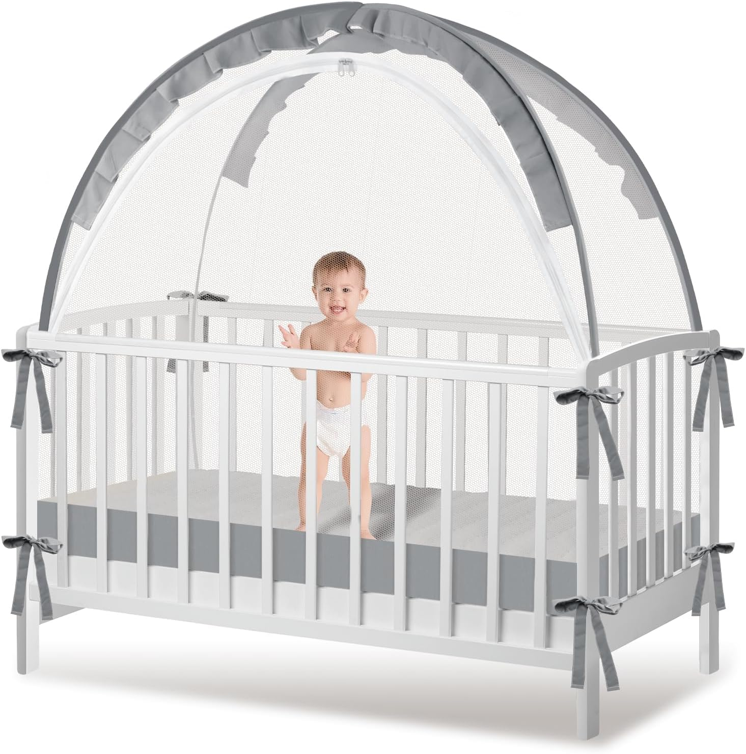 Koeay Pop up Crib Tent Canopy, Crib Tent to Keep Baby from Climbing Out - Crib Net to Keep Baby In, Breathable Cribs Cover Canopy with Upgrade Strong Mesh and Durable Zipper(Grey, 70 X 130 Cm)