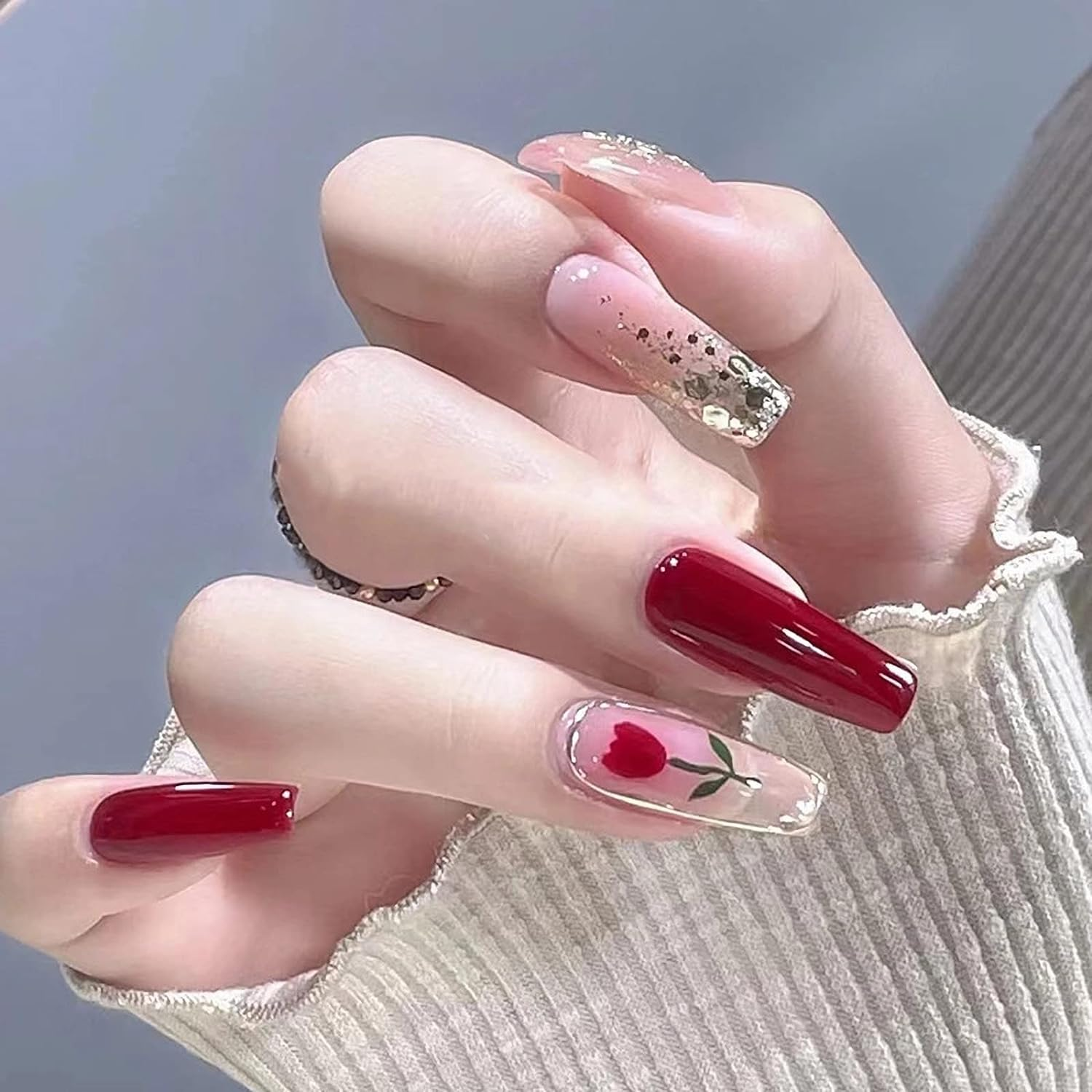 RYUUSEI Long Coffin Press on Nails Ballerina Nails Matte Fake Nails Red False Nails Acrylic Full Cover Glue on Nails Flower Acrylic Nails with Design for Women and Girls image number 5