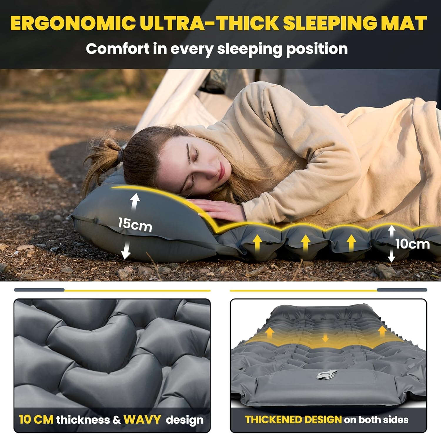HIKENTURE Camping Mattress Sleeping Mat, Inflatable Backpacking Sleeping Pad Camping Mat with Built-In Foot Pump, Protable Lightweight Camping Bed Air Mattress for Camping & Hiking Equipment (Grey) image number 2