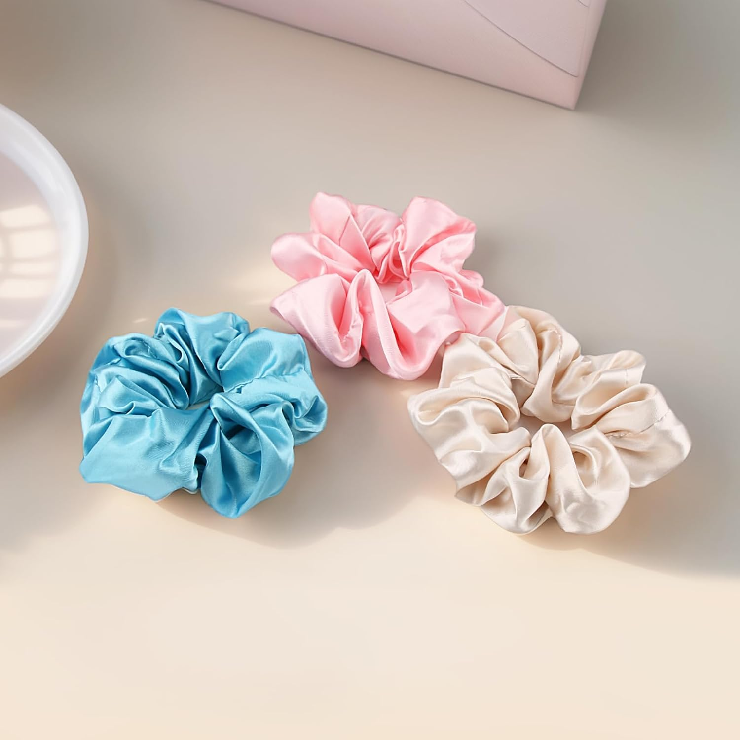 Glasflength Hair Bobbles Silk Scrunchies, Pack of 3 Silk Hair Rings Soft Elastic Silk Hair Bobbles Hair Gentle Silk Scrunchies for Women and Girls Hair Accessories (Pink + Sky Blue + Champagne) image number 3
