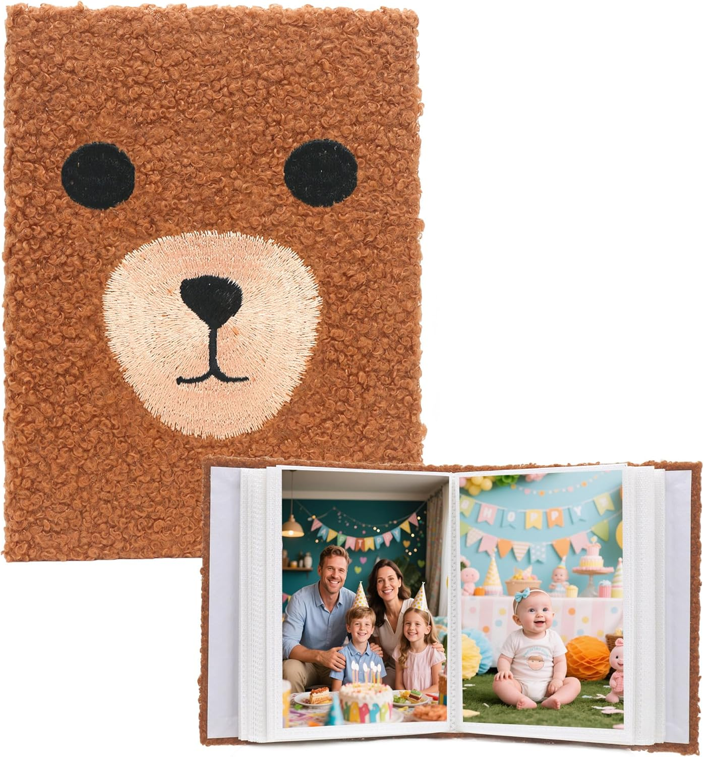 Photo Album 4X6-50 Pages Holds 100 Photos, Teddy Velvet Cover with Bear Embroidery for Wedding Kids Travel Family Baby Pictures (Bear Body) image number 4