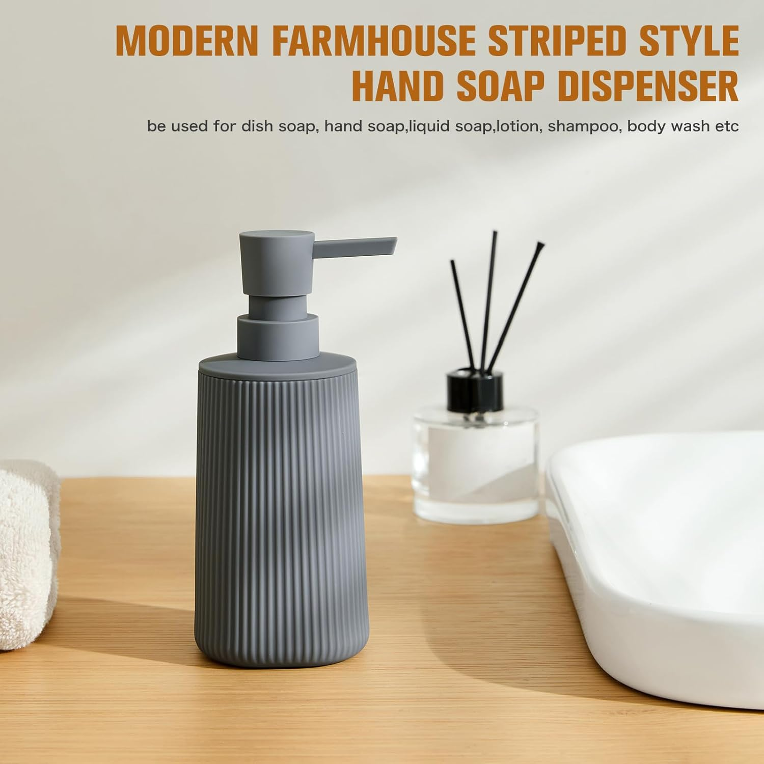 Grey Soap Dispenser, Small Hand Soap Dispenser for Bathroom, Refillable Dish Soap Dispenser for Kitchen Countertop, Modern Striped Liquid Soap Dispenser with Pump (Grey, Liquid) - Beige image number 5
