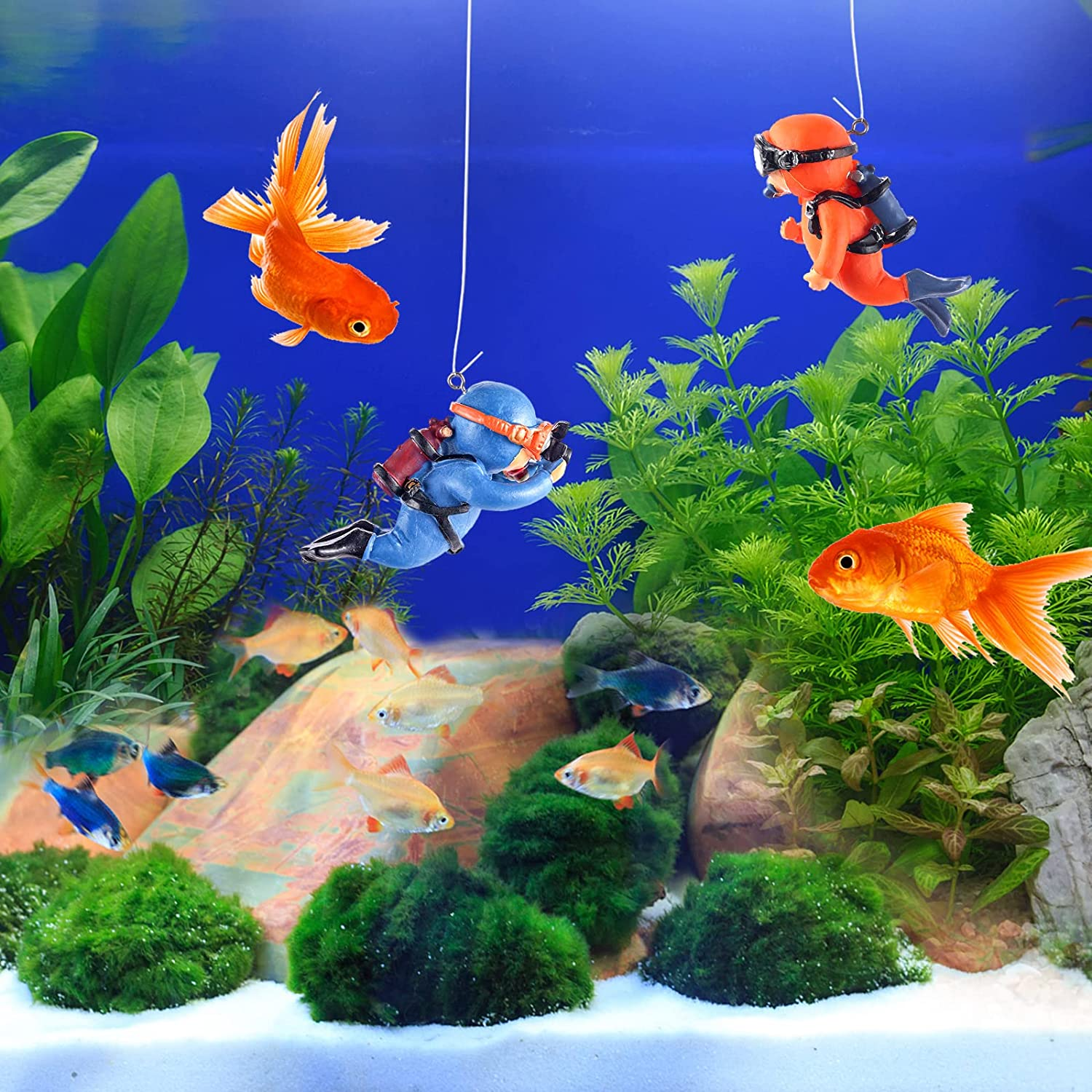 2 Pcs Fish Tank Decorations Diver Decorative Ornament Floating Pendant for Creative Fish Tank Accessories, Aquarium Decorations, Marine Landscaping(Blue+Orange) (MG002)