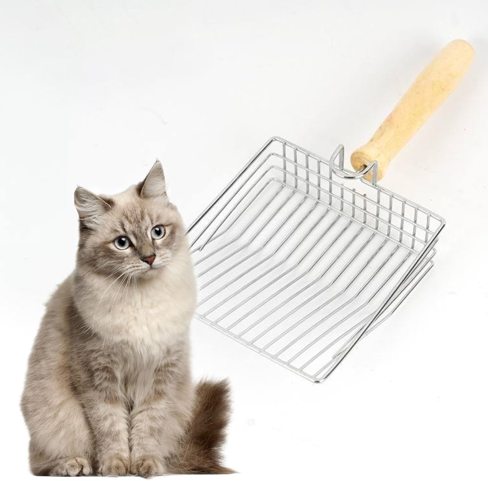 Polished Smooth Stainless Steel Durable Wooden Handle Cat Litter Scoop 7Mm Gaps Metal Garbage Shovel