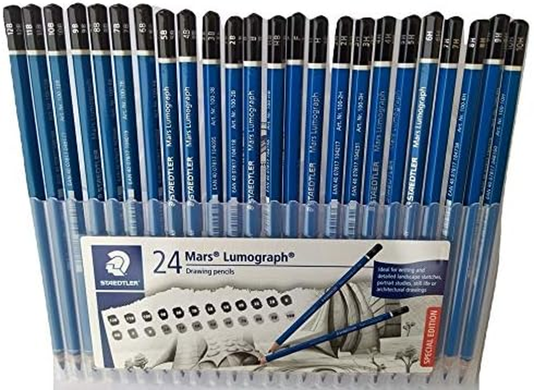 Wooden Pencil by Staedtler Mars Lumograph - Pack of 24 Degrees in Practical Plastic Storage Box with 6" and 8" Aluminum Ruler image number 1