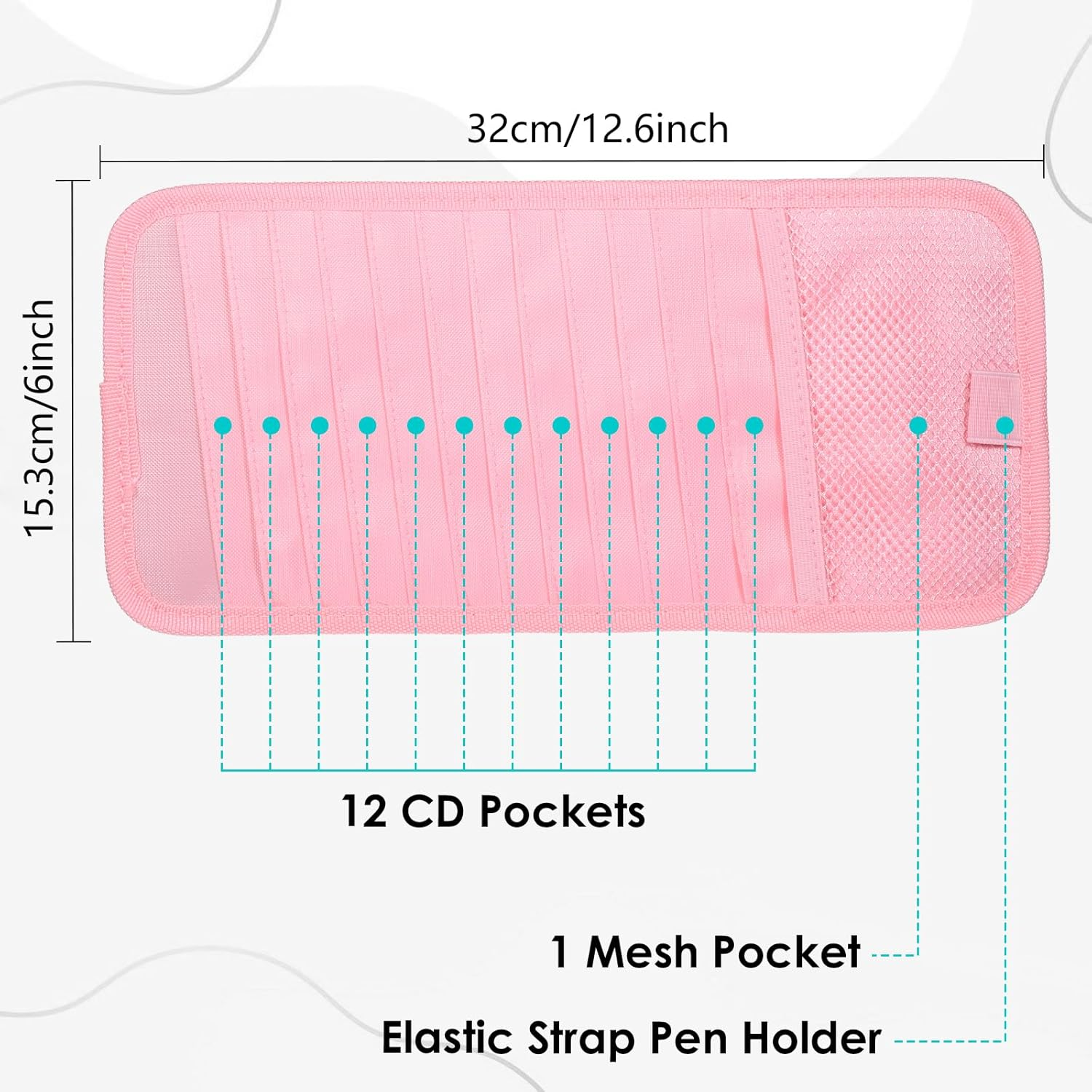 Trinkrittey CD Holder for Car Visor, Vehicle Sun Visor Organizer Large Capacity with 12 DVD Storage Sleeves 1 Mesh Pocket 1 Pen Holder and Elastic Strap - Pink image number 4