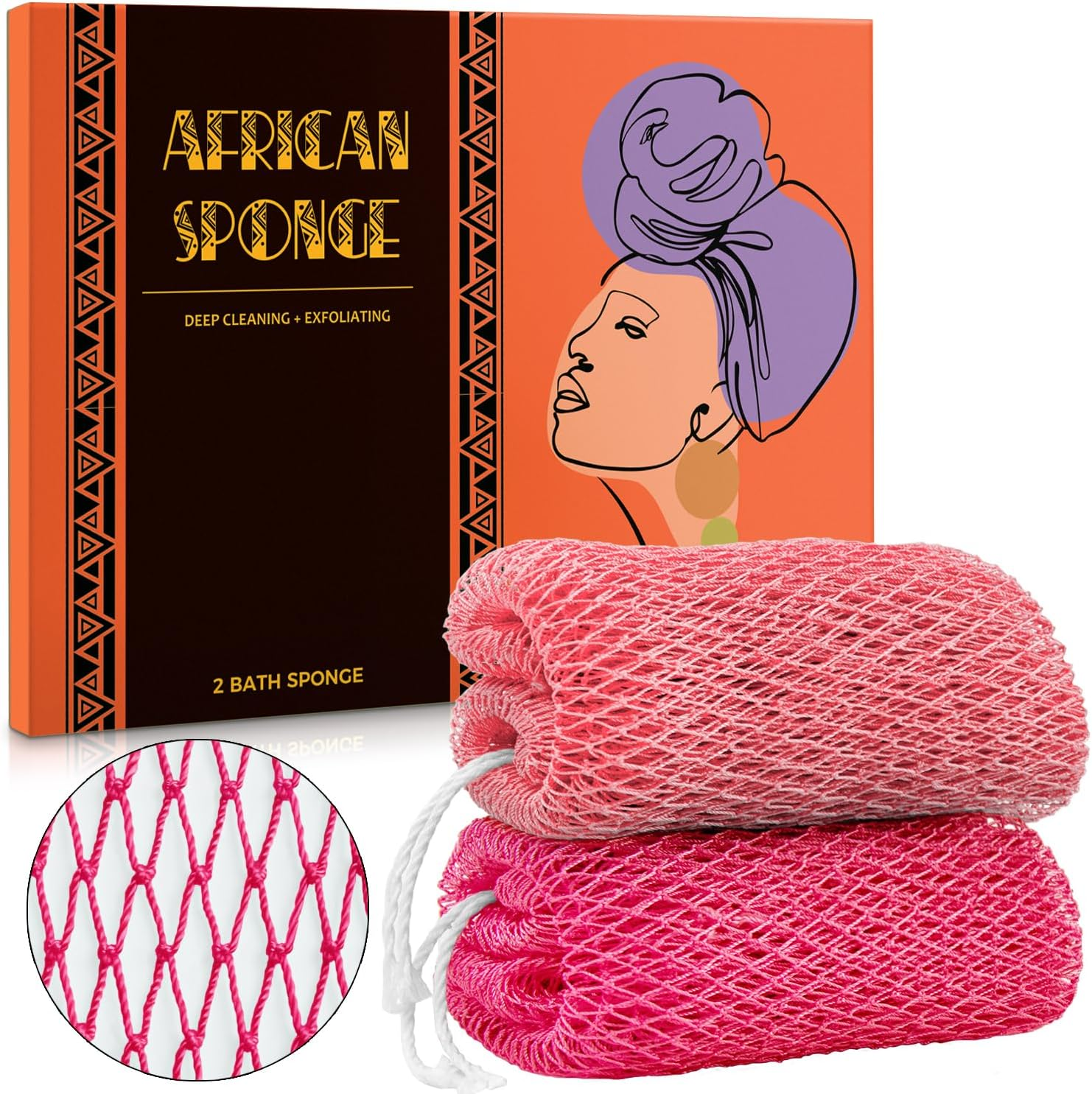 African Net Sponge Authentic - 2 Pieces Real African Exfoliating Sponge with Knots - Afro Back Scrub Net for Body Exfoliator - Bath Loofah Washcloth for Shower Essentials image number 1