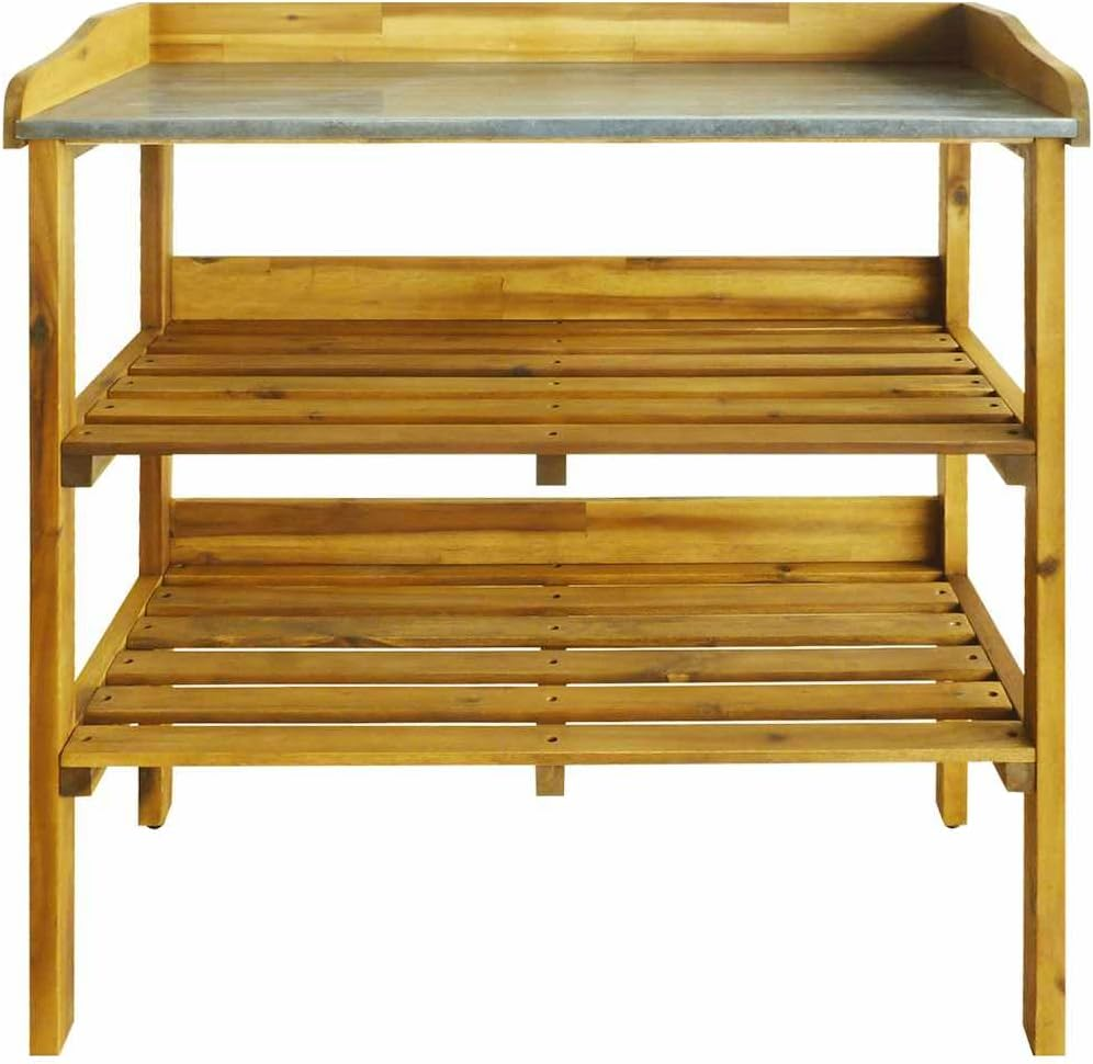 Potting Bench, Garden Potting Bench Tables with 2-Tier Shelves, Outdoor Wooden Work Station with Top Zinc Liner, Country Style Gardening Table for outside Garden/Porch, Brown, 29.9X14.6X36.2 image number 6