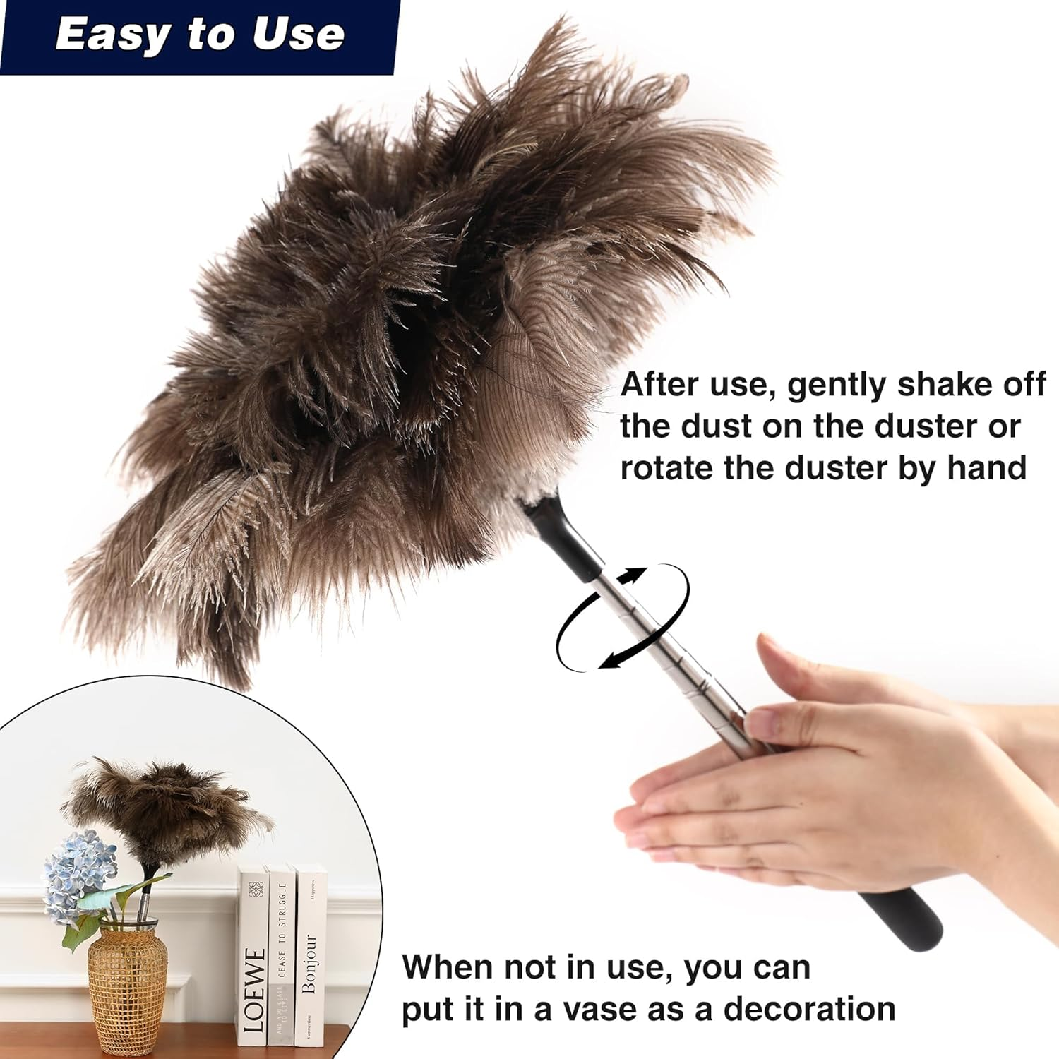 Extendable Ostrich Feather Duster - 40 Inches Fluffy Long Handle Reusable Feather Duster for Cleaning Ceiling Fan,Pendant Lamp, High Ceiling, Blinds, Furniture image number 4