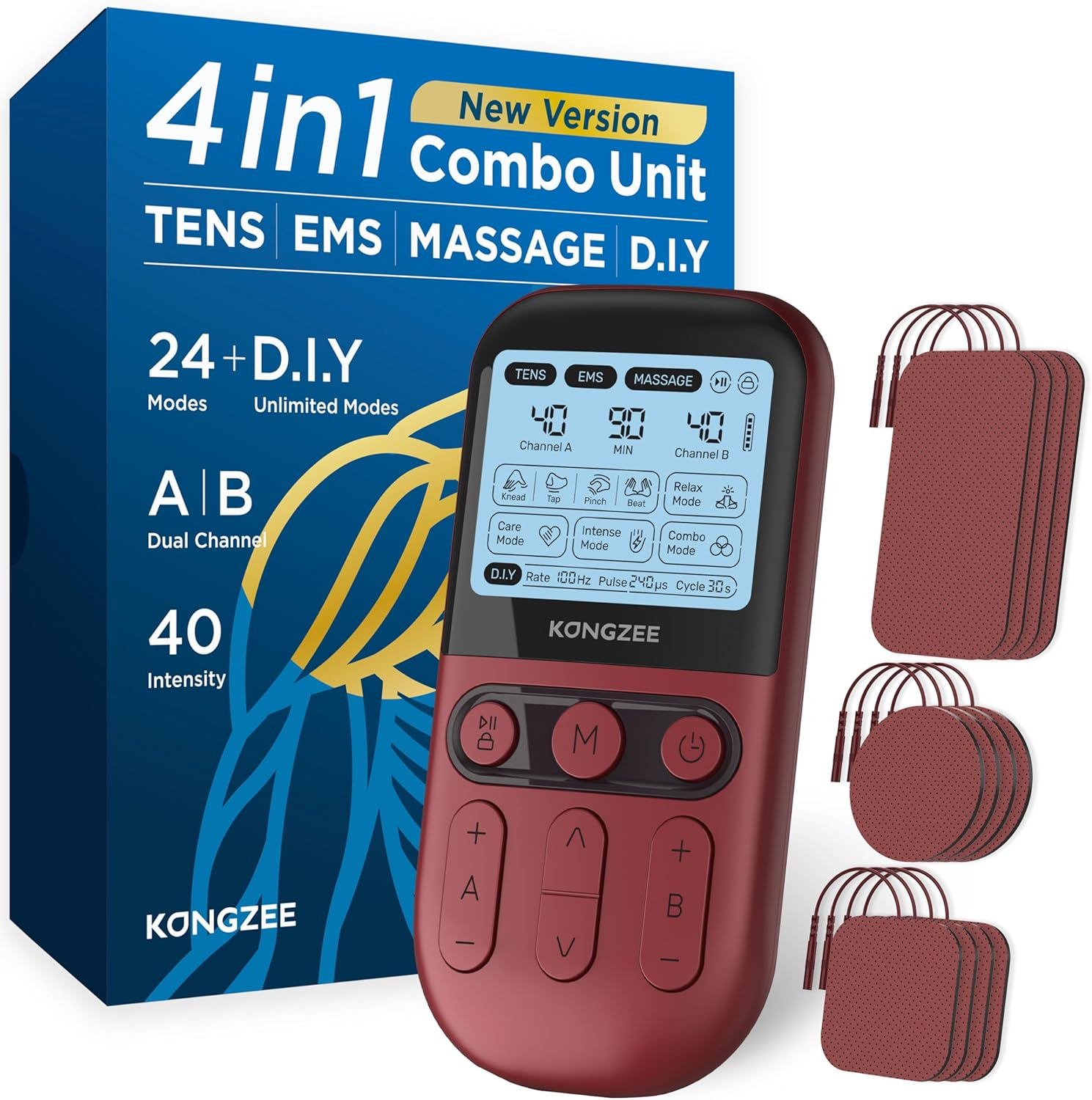 4 in 1 - D.I.Y & Tens Unit & EMS & Massage Muscle Stimulator, Dual Channel TENS Units Therapy Machine Rechargeable Electronic Pulse Massager for Foot/Back,With 12Pcs Electrode Pads.