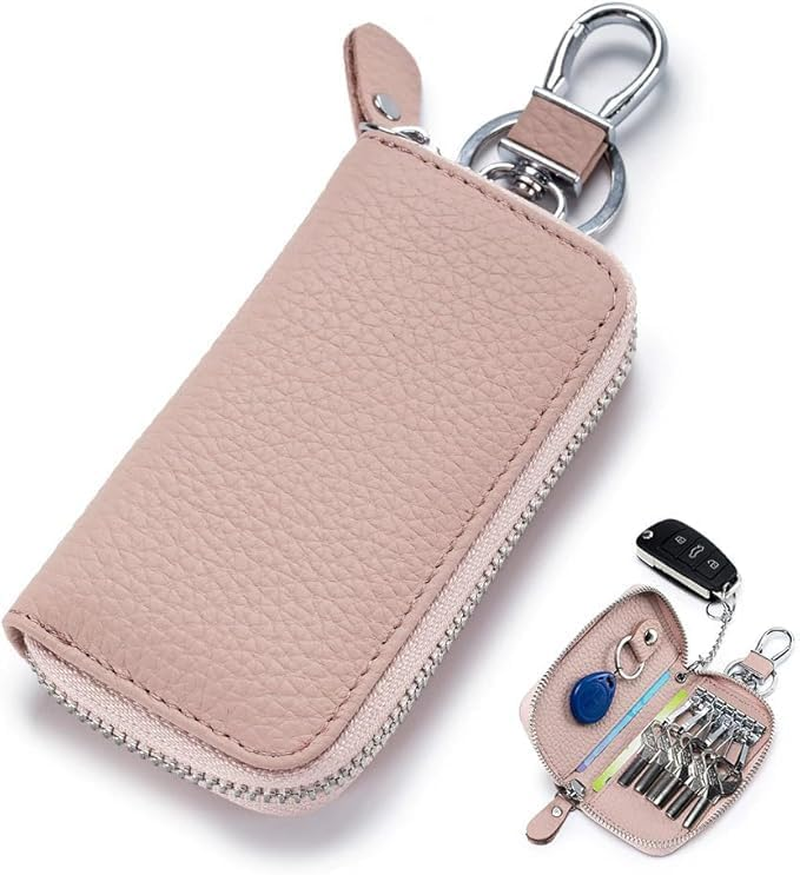 Car Keychain Key Bag,Multi-Functional Car Home Key ID Card Bank Card Organizer Bag with Zip and Rotatable Hook (Pink) image number 1