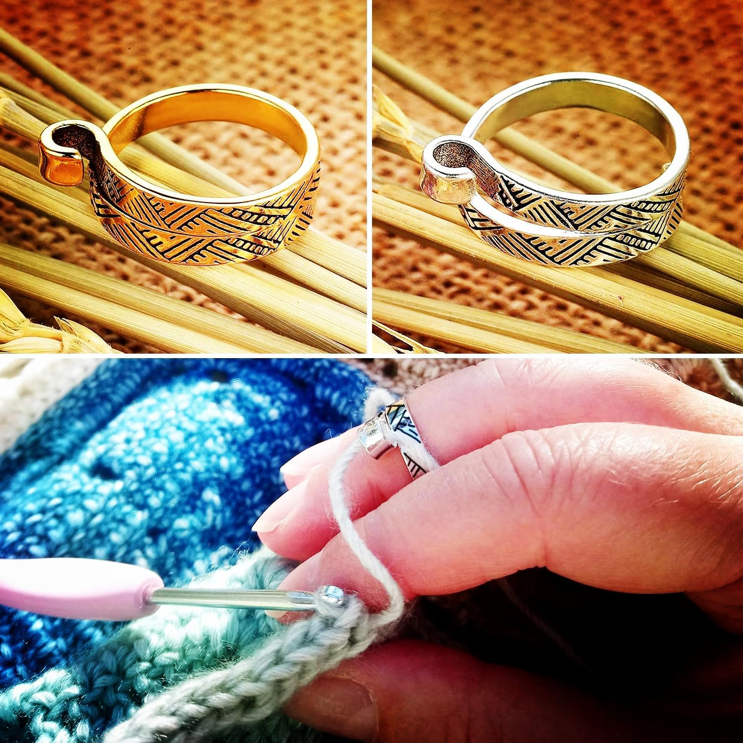 4 Pack Knitting Crochet Loop Ring for Fingers,Metal Open Yarn Guide Finger Holders,For Crocheting, Yarn Guide Crochet Loop Ring for Crochet- Gold & Silver