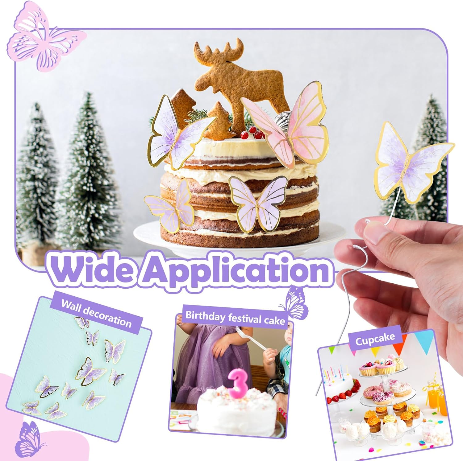 160Pcs Purple & Pink Butterfly Cake Toppers, Gold Edge Mixed Size Lively 3D Butterfly Cake Decorations for Birthday Wedding Cake Cupcake Decor Wall Party Supplies image number 3