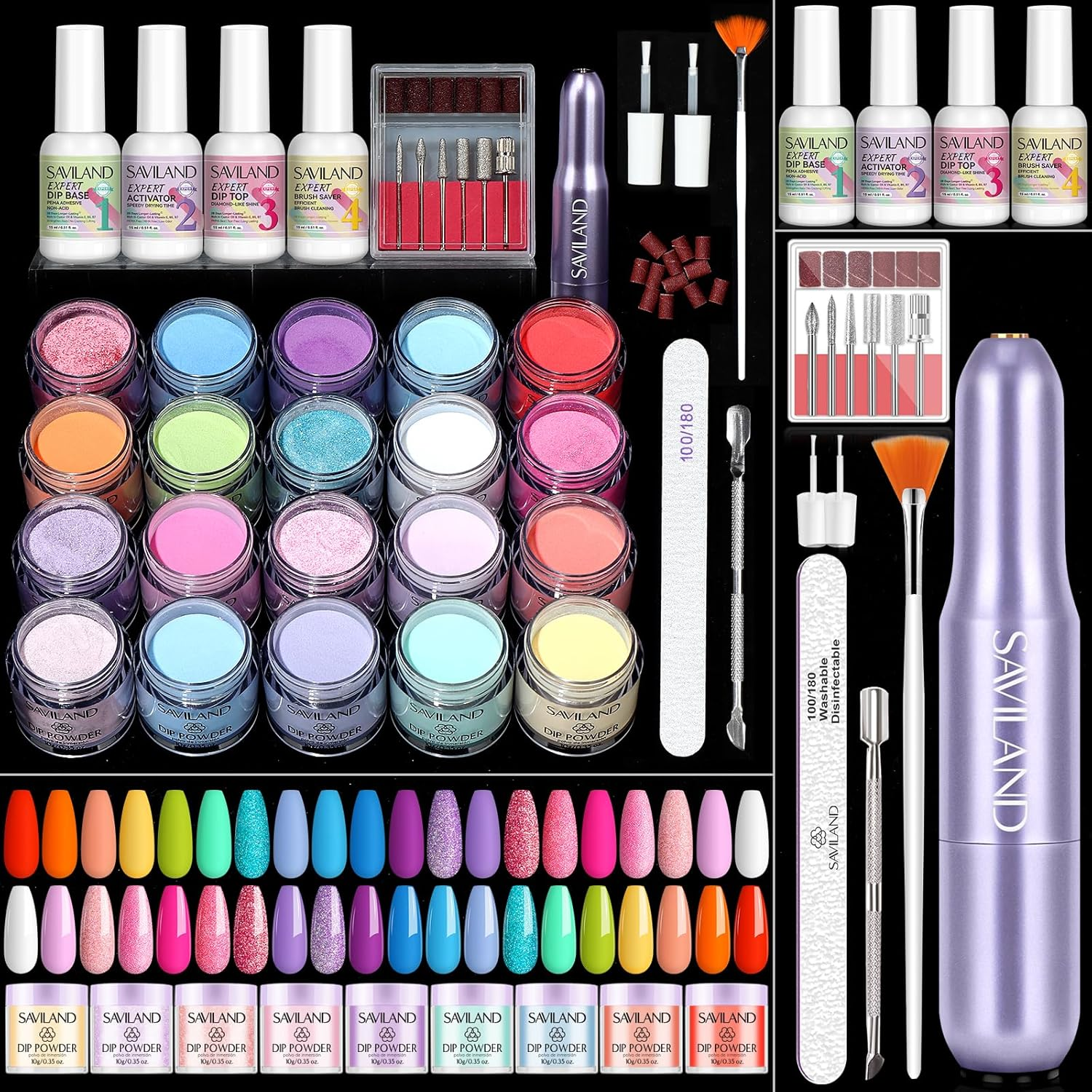 SAVILAND Dip Powder Nail Kit with Drill - 20 Colors Summer Neon Dip Nails Powder Starter Kit with Everything Dip Liquid Dipping System Base Top Coat Activator Manicure Art Salon DIY Christmas Gift image number 6