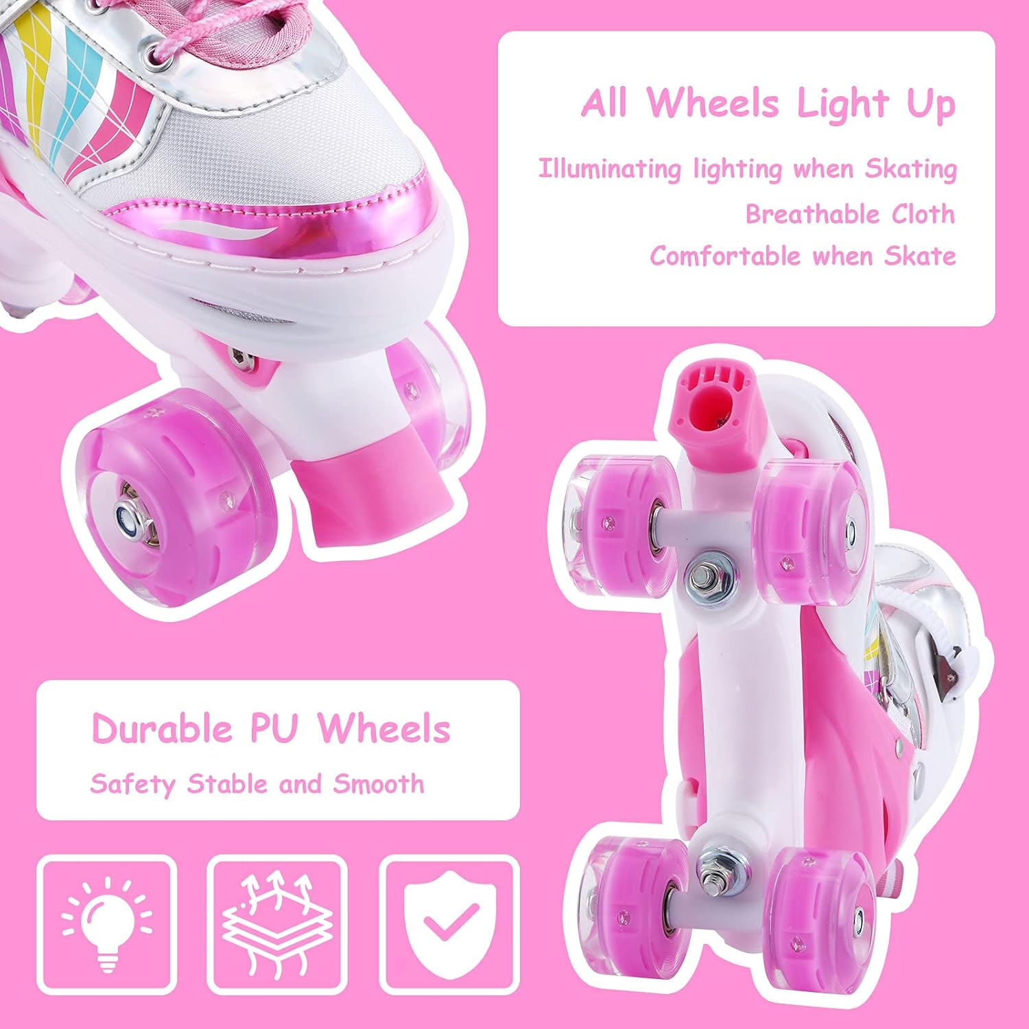 Kids Roller Skates Adjustable for Girls Boys Toddlers Youth , Pink 4 Size Adjustable Light up Roller Skates for Size 11J Todders to Size 7 Youth Women image number 1