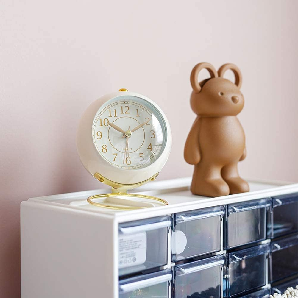 Analog Alarm Clocks,Small Table Clocks,Retro Backlight Cute Simple Design Desk Clock with Night Light,Silent Non-Ticking,Battery Powered,For Living Room Bedroom Bedside Indoor Decor - White image number 5