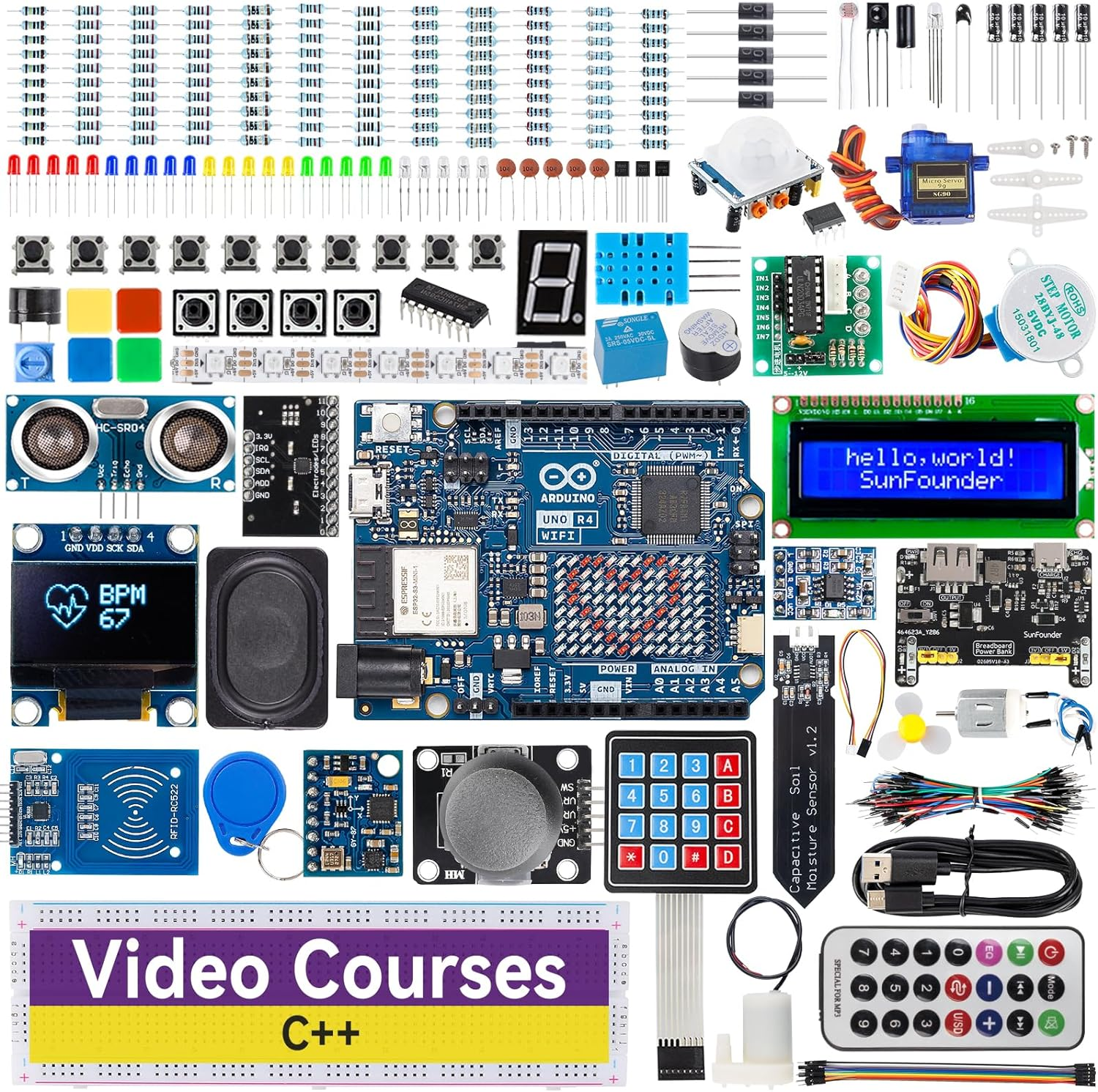 Sunfounder Elite Explorer Kit with Original Arduino Uno R4 Wifi, Rohs Compliant, Bluetooth Iot ESP32 IIC LCD1602 OLED, Super Starter Kit, Online Tutorials & Video Courses for Beginners & Engineers image number 1