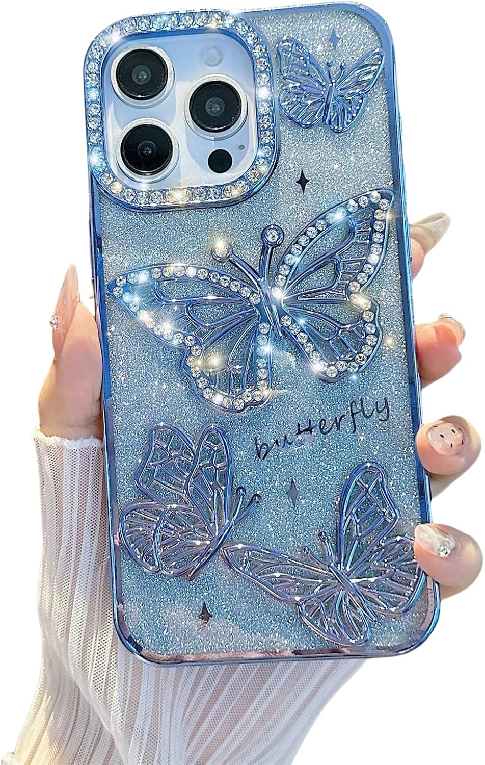 Emlivi Glitter Case for Iphone 16 Plus, 3D Butterfly Bling Diamond Mobile Phone Case Transparent TPU Bumper Cover, Colour Gradient Card, Camera Protection, Shockproof Protective Case for Iphone 16