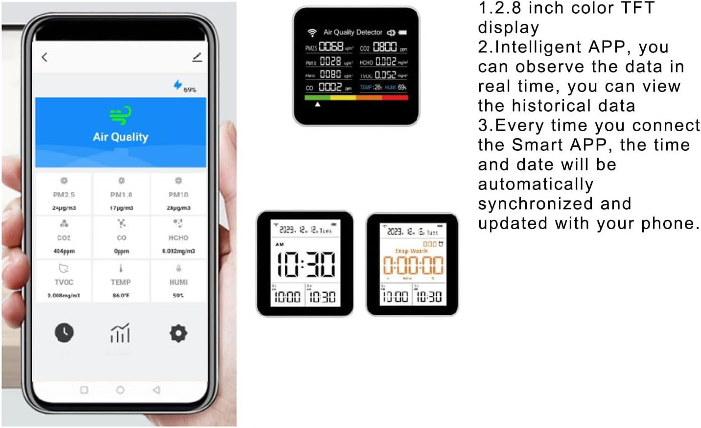 Jectse 14 in 1 Portable Air Quality Monitor, CO2 Detector Air Quality Meter with 2.8 TFT Screen, PM2.5, Vocs, Temperature, Humidity Display, for Home, Hotel, Office, Car, Battery image number 6