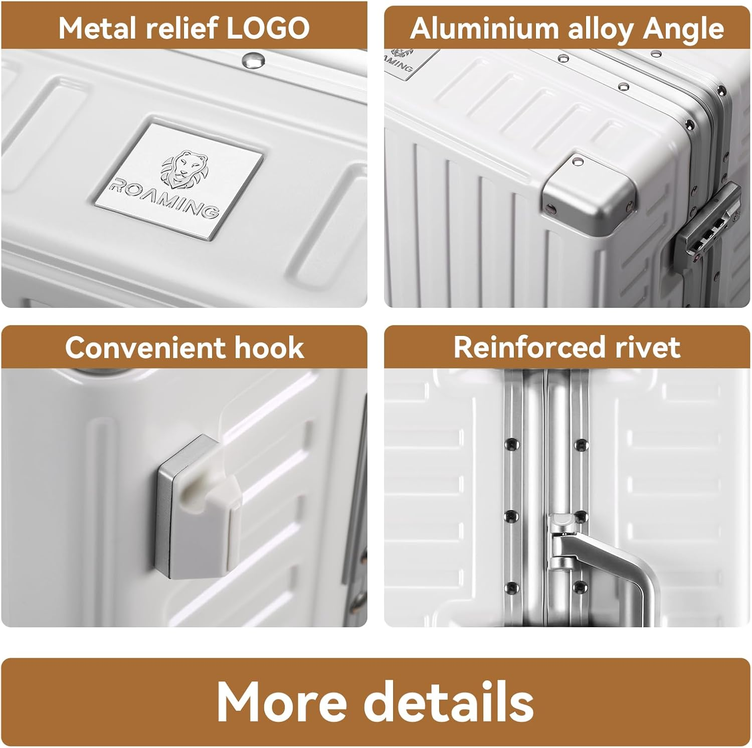 ROAMING Zipperless Luggage, White, 26 Inch Checked Luggage, Zipperless Luggage with Spinner Wheels - Polycarbonate Aluminum Hard Shell Suitcase