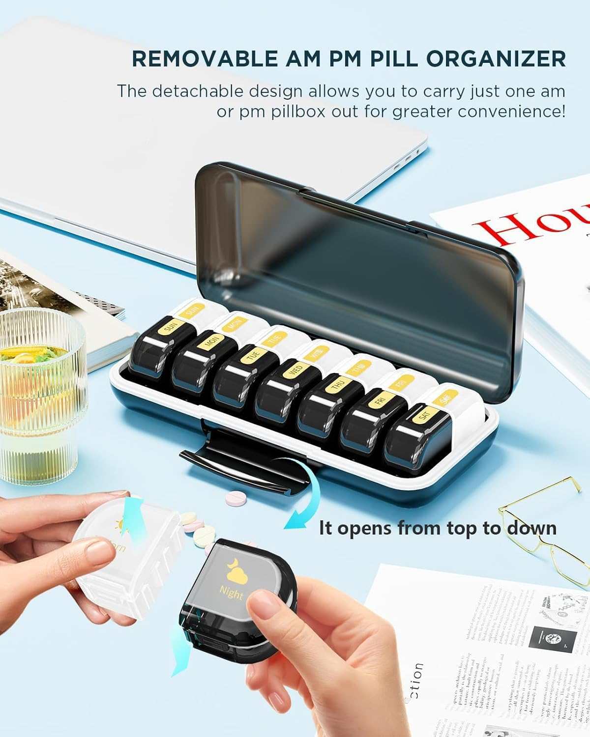 Weekly Pill Box Organiser Pill Boxes 7 Day 2 Times a Day,Portable Daily Pill Dispenser with 14 Detachable Copartments to Hold Vitamins, Cod Liver Oil, Supplements and Medication, Black