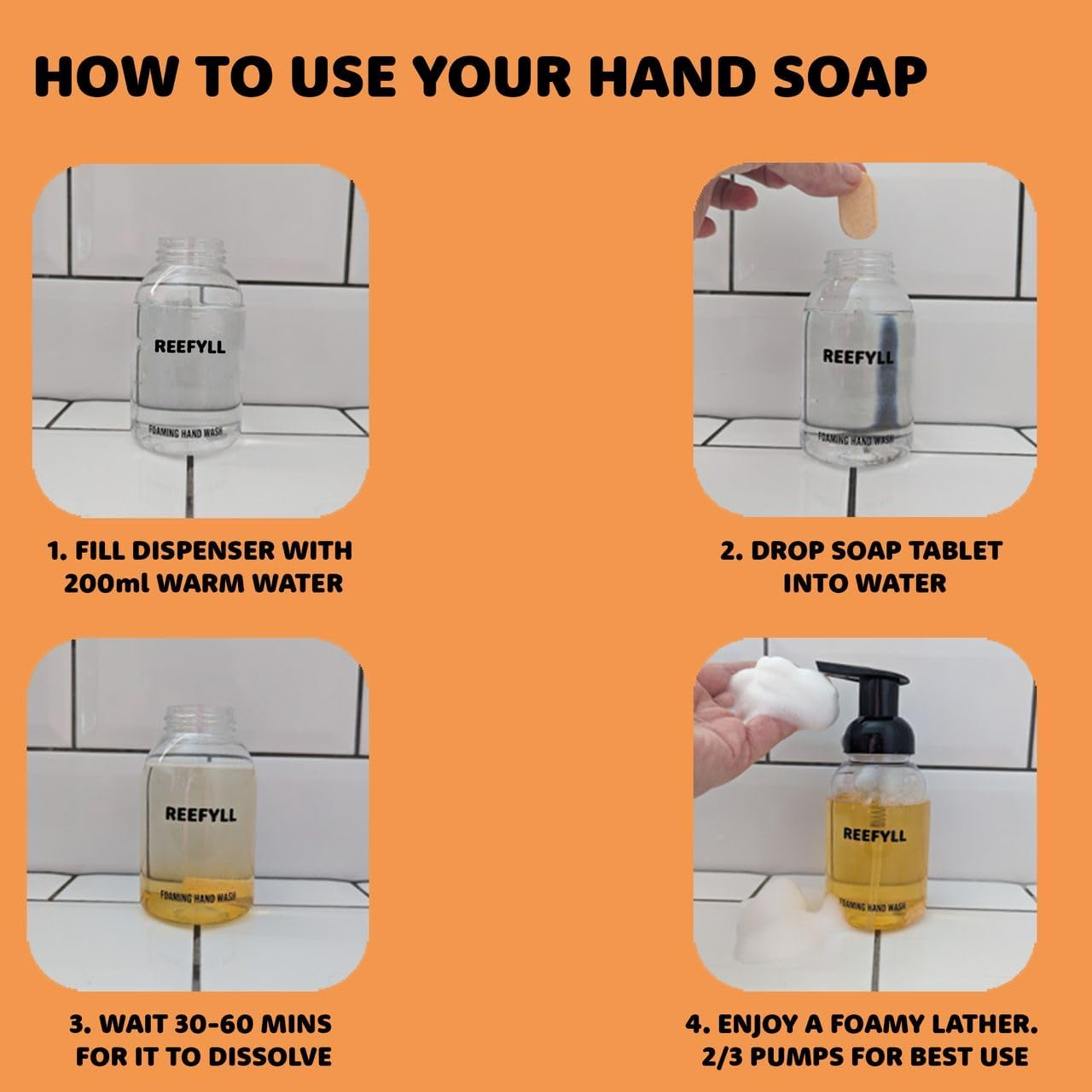 Reefyll Foaming Soap Dispenser Starter Pack with Refillable Bottle 250Ml and Hand Soap Tablet X1 for Bathroom Kitchen Countertop Refillable Foam Soap with Juicy Orange Scent Duo Pack