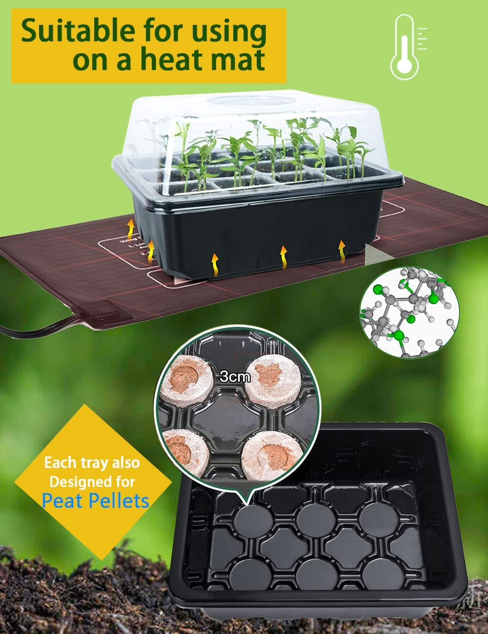 120 Cells Seedling Starter Tray Kit, 10 Pack Seed Starting with Humidity Dome and Base Vented Trays for Greenhouse Gardens, Adjustable Plant Starter Kit, Mini Propagator for Germination (Black) image number 6