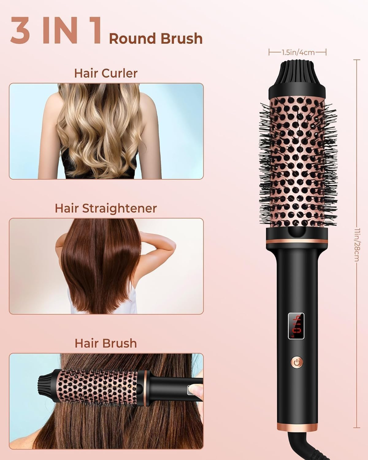 Forubar Thermal Curling Iron Brush, Volumizing Heated round Brush with Ceramic Tourmaline Ionic Technology, Dual Voltage Travel Hairbrush, LCD Display, 10 Temperature Settings image number 2