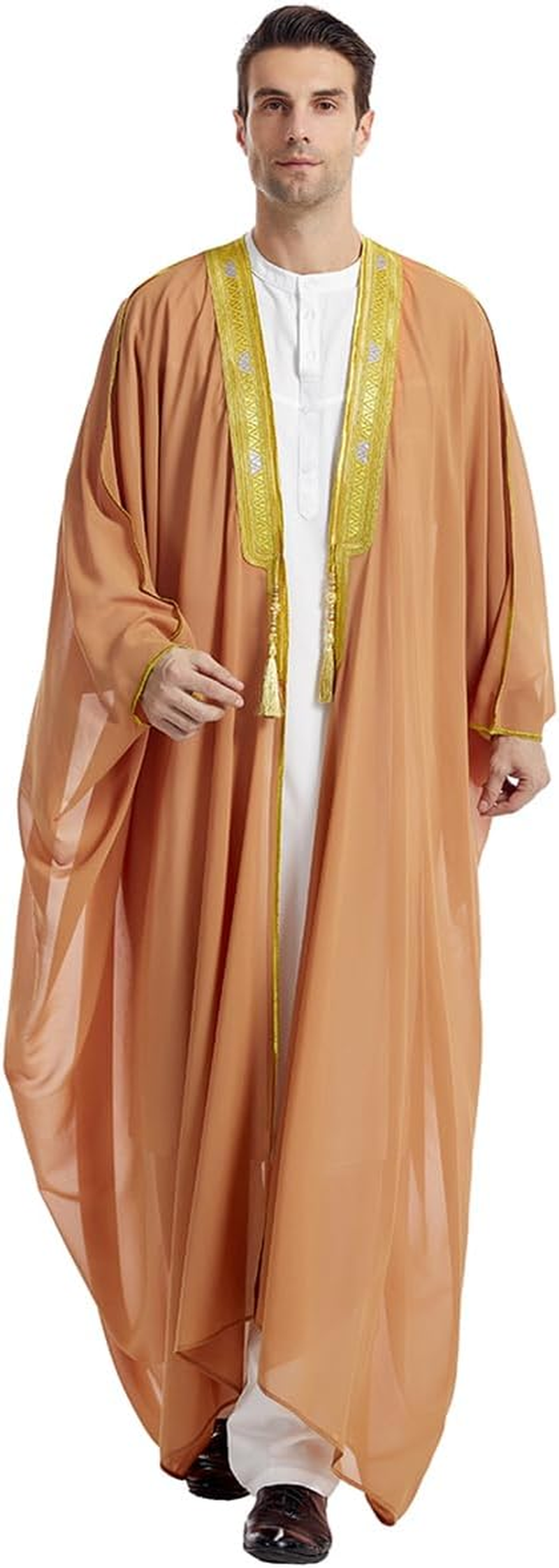 FYMNSI Men'S Robe Muslim Clothes Kimono Loose Abaya Dresses Long Sleeve Embroidered Chiffon Kaftan Casual Formal Dubai Thobe